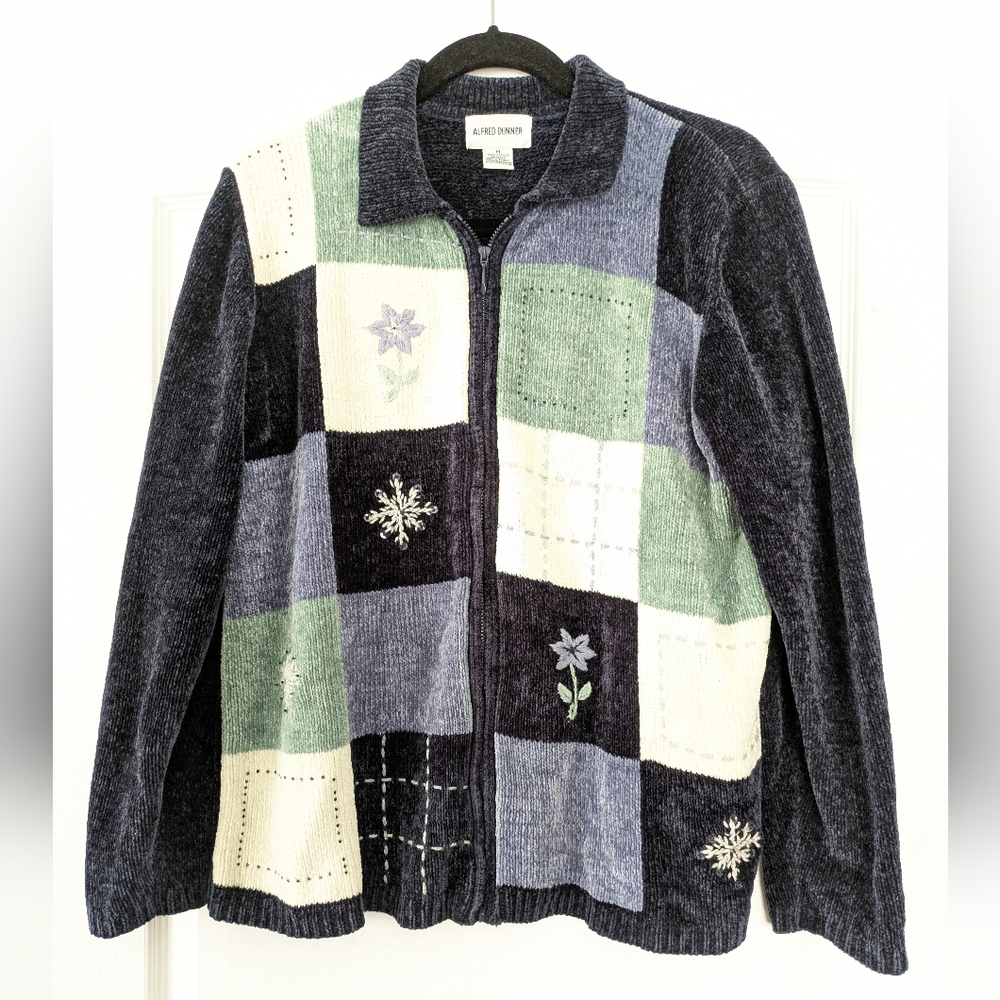 ALFRED DUNNER ZIP SWEATER CARDIGAN Winter Patchwork Blue Embroidered Sequin